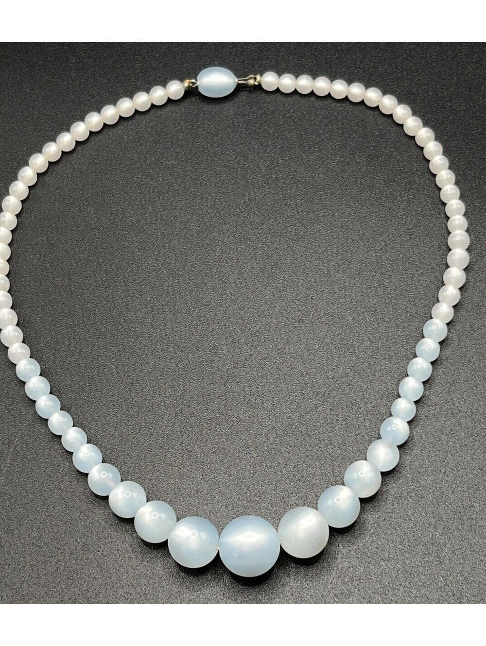 Vintage Luminous White Blue Moonglow Lucite Beaded Choker Necklace  1530.5